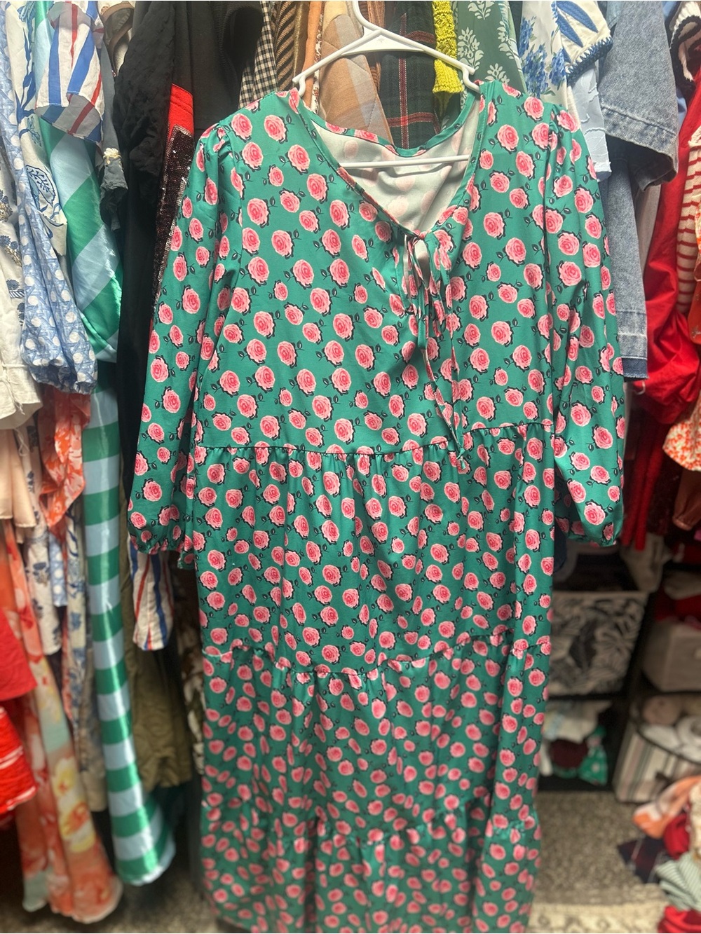 Amazon Green Maxi Dress with Pink Rose Print